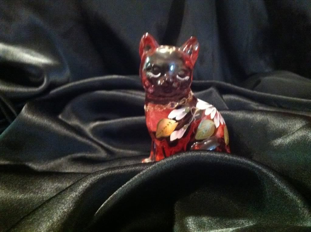 Fenton Handpainted Cranberry Glass Cat Fgurine